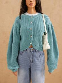 Forever 21 女士冬季服装 O 型领休闲针织开衫，冬季新款女士毛衣新年女装 - 水鴨藍 - 查看 3