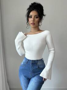 Elenzga 1 pieza Suéter holgado con manga acampanada y hombros descubiertos para mujer, Blusa de manga larga