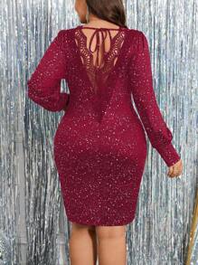 SHEIN Clasi Women Plus Size Lace Patchwork V-Neck Backless Sequin Dress - Red - View 7