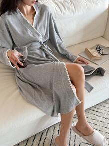DAZY Minimalist Elegant Embroidered Trimming Loose Kimono Robe - Grey - View 4