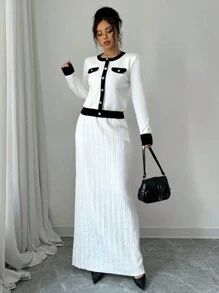 Chiquease Conjunto de 2 piezas de suéter elegante para mujer, de color contrastado, con falso bolsillo, cuello redondo, suéter de punto de manga larga y falda de punto de unicolor con cintura elástica - Blanco y Negro - Ver 3
