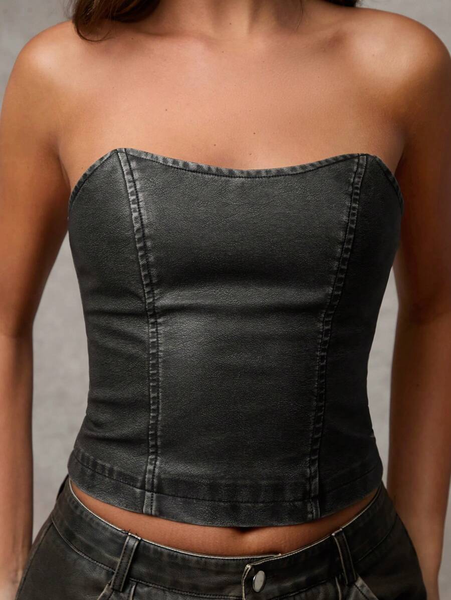 SHEIN BAE 复古做旧 PU 皮革女士紧身胸衣上衣，适合派对、节日、俱乐部、街头、夜间、秋冬穿着