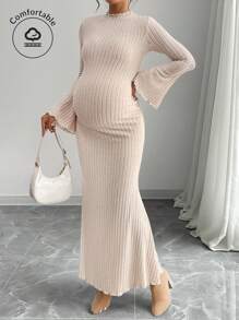 SHEIN Maternity Solid Color Round Neck Trumpet Sleeve Rib Knit Long Elegant Dress