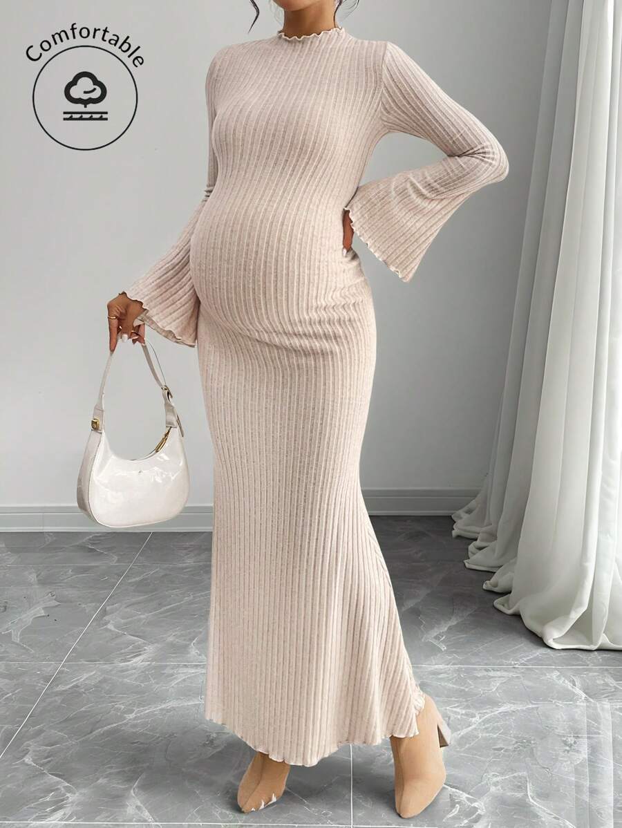 SHEIN Maternity Solid Color Round Neck Trumpet Sleeve Rib Knit Long Elegant Dress