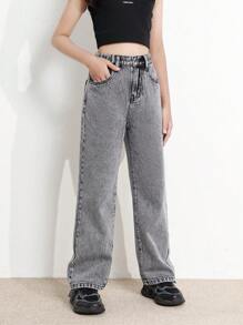 SHEIN TWEEN GIRL All-Match Casual Contemporary Street Style Snowflake Distressed Waist Elastic Waistband 5-Pocket Skinny Fit Straight Leg Jeans, All-Year Versatile And Fashionable Denim Essential