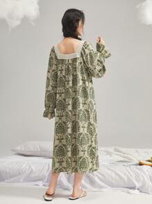 DAZY Lace Trim Vintage Floral Print Patchwork Nightgown Pajama - Green - View 2