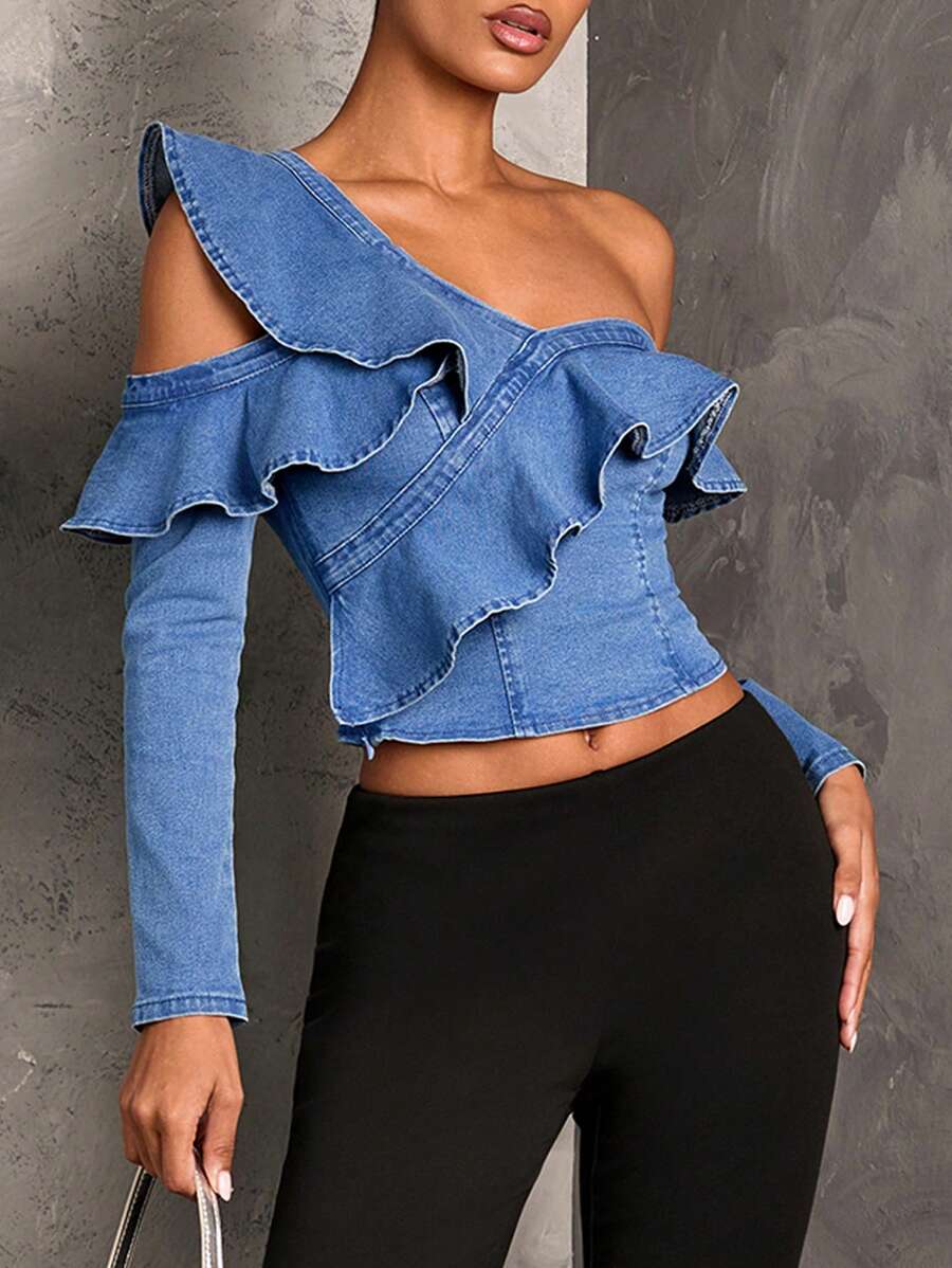 SHEIN BAE Áo cánh bèo nhún một bên vai bằng vải denim dành cho nữ, trang phục dự tiệc gợi cảm, áo denim tay dài, áo dài tay màu xanh, áo giáng sinh, trang phục sang trọng, áo giáng sinh dành cho nữ, áo trễ vai, áo mùa đông dành cho nữ - Rửa trung bình - Xem 1