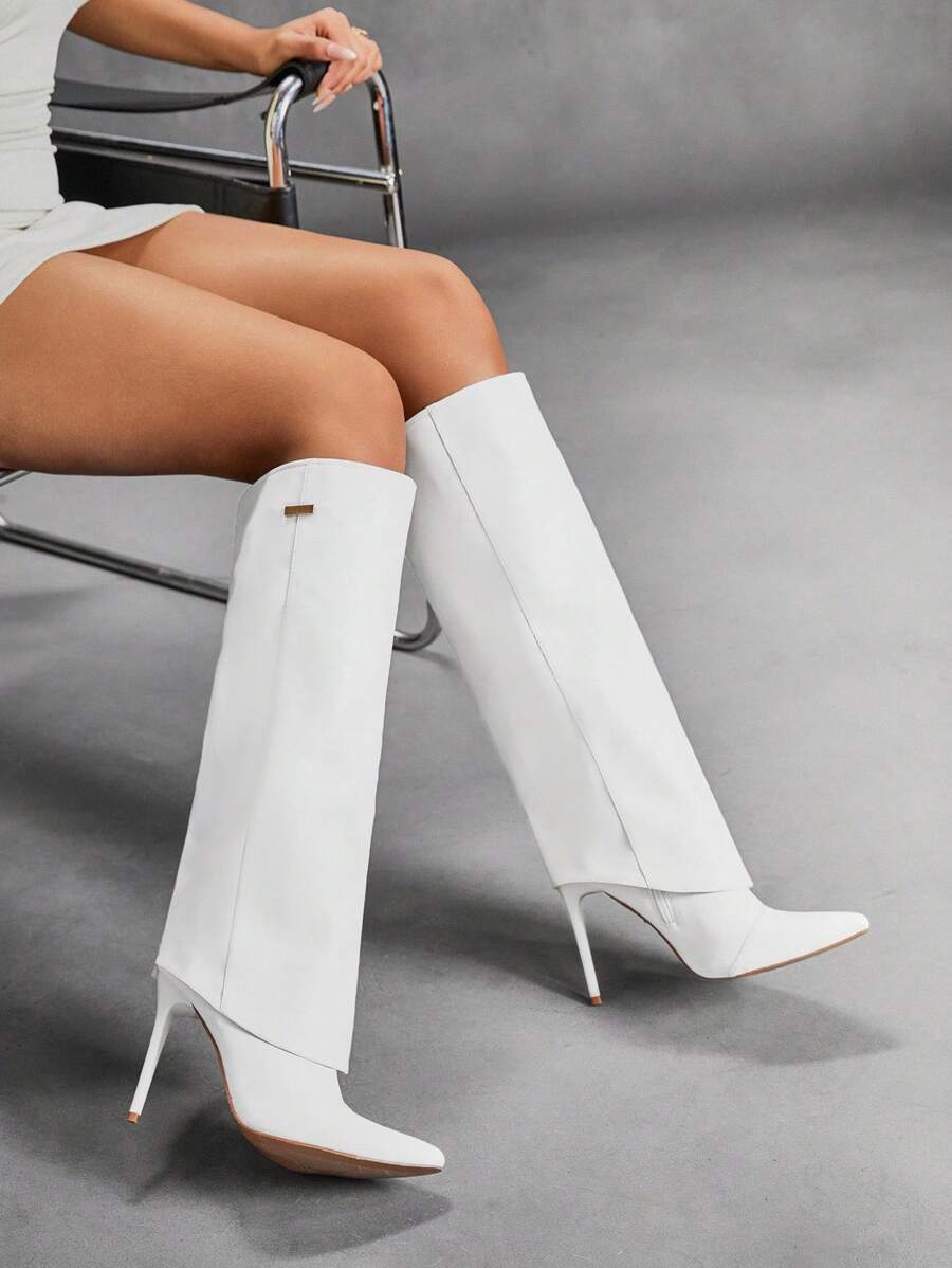 CUCCOO SZL Fashion White Metal Decor Pointed Toe Wide Leg Thin High Heel Knee-High Boots For Spring Shoes Spring Break Easter For Christmas Spring Shoes