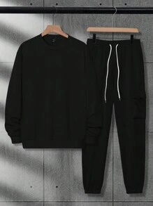 Manfinity Homme Men's Solid Color Crewneck Long Sleeve Sweatshirt And Drawstring Waist Cargo Pants Casual 2 Pieces Set, Autumn/Winter, Men Sweatsuit Set, Men 2 Pieces Set Black, Cargo Pants