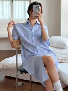 DAZY 极简条纹衬衫裙家居服睡衣 - 藍色 - 查看 4