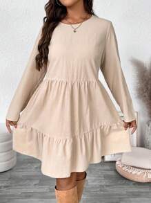 SHEIN VCAY Plus Size Casual Solid Color Patchwork Dress Valentine's Day Outfits Romantic - Apricot - View 3