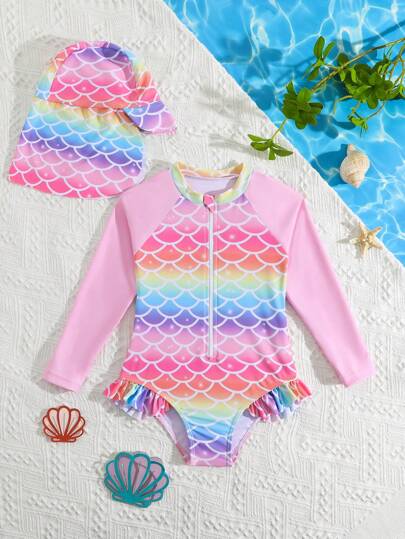 年轻女孩渐变色鱼鳞印花拼接连体泳衣（带帽子）