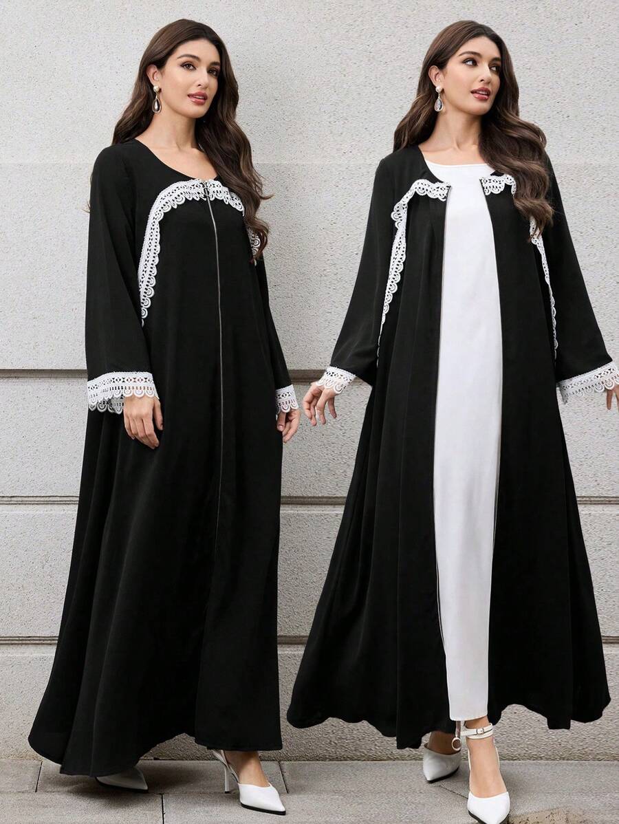 Al Najma 彩色拼接蕾丝圆领拉链优雅长袖阿巴亚连衣裙 - 黑色 - 查看 1
