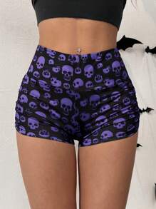 SHEIN EZwear Quần legging lửng in hình đầu lâu thời trang - Màu tím - Xem 5