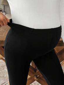 SHEIN Maternity Solid Color Adjustable Waist Casual Leggings, Versatile For Everyday Wear - Black - View 4