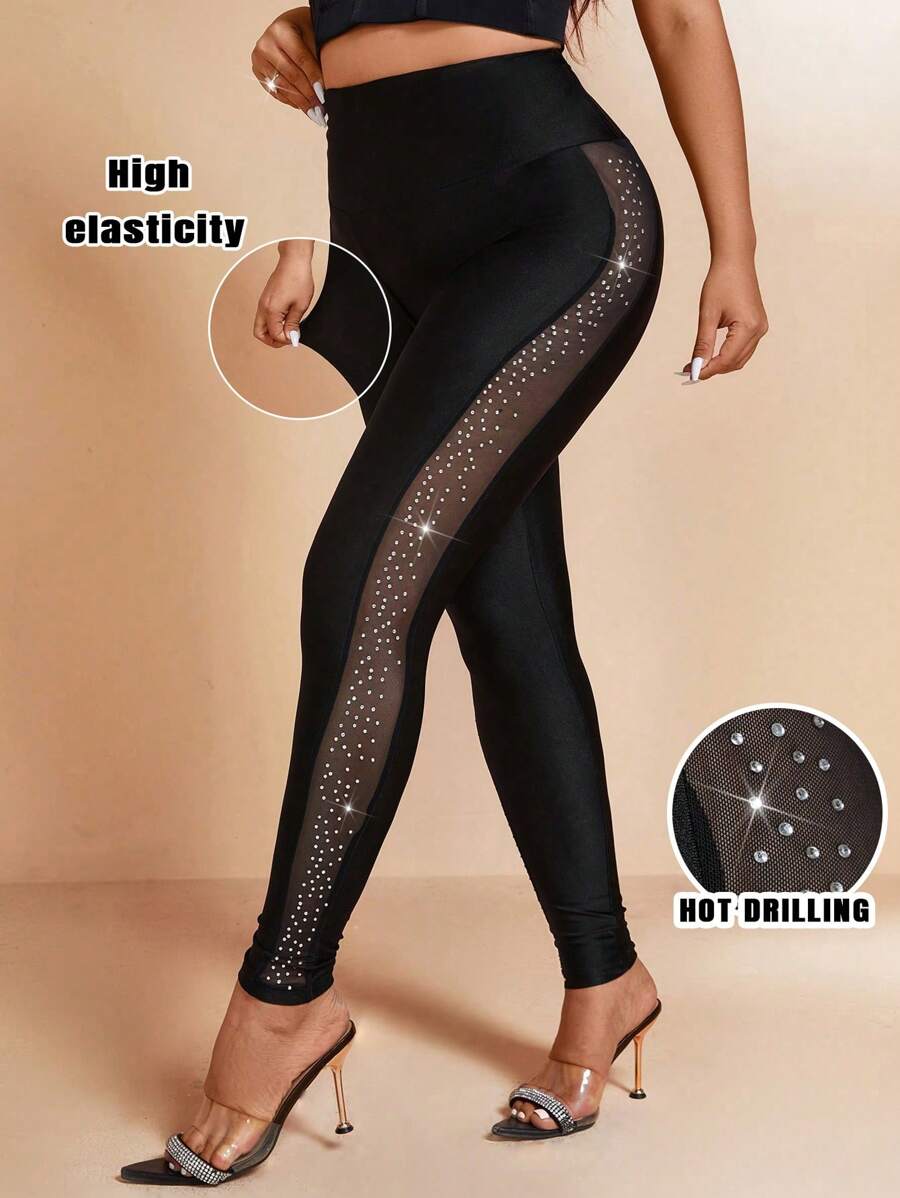 Allurite 大码女式水钻装饰紧身打底裤，闪亮，紧身，网眼，适合日常通勤/派对，黑色，修身