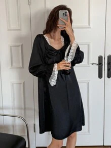 DAZY Camisón de satén con lazo 3D decorativo, con aplicación de encaje de color contrastante - Negro - Ver 5