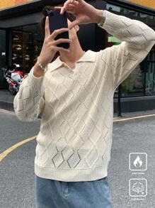 Manfinity CasualKnits Men's Solid Color Button Front Long Sleeve Hollow Casual Sweater - Apricot - View 5