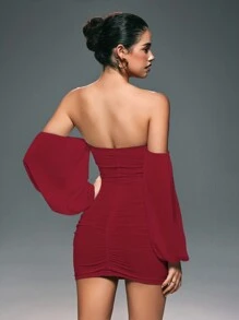 VaVaBold Vestido mini elegante y sexy de color liso, con pliegues, hombros descubiertos y espalda descubierta, ajustado