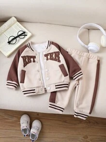 Conjunto de chaqueta de béisbol y pantalones de moda casual para bebé niño con bordado de letras y parches, adecuado para usar a diario en primavera, otoño e invierno, para paseos y viajes - Albaricoque - Ver 7