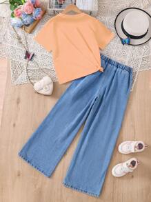 SHEIN 2pcs/Set For Girls: Letter Print White Short Sleeve T-Shirt & Denim Long Pants