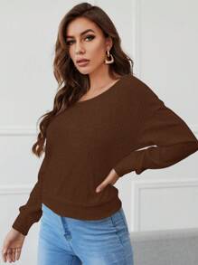 SHEIN Essnce Women Solid Color Asymmetric Collar Casual Long Sleeve Knit Sweatshirt, Autumn/Winter - Coffee Brown - View 3