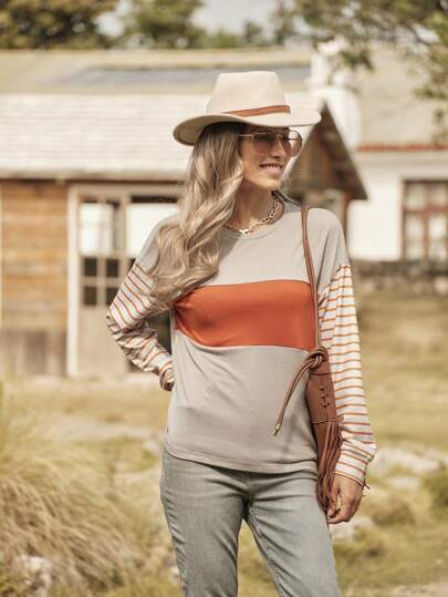 LanaWest 女士休闲条纹圆领落肩宽松 T 恤，秋季图案 T 恤女式上衣