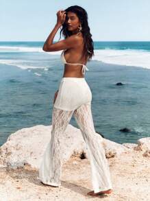 Opulessa 女士高腰喇叭针织蕾丝裤，适合度假 - 白色 - 查看 3