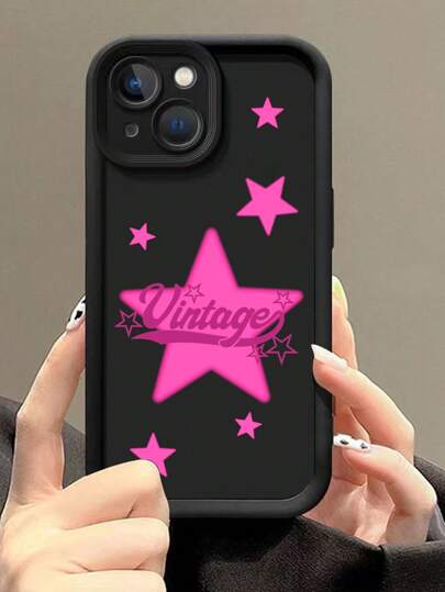 Grunge Punk 1pc Vintage Star Pattern Black Phone Case, Compatible With Apple IPhone 13, 14, 15, 16 Series