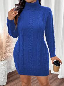 SHEIN LUNE Twisted Floral Elegant Casual Turtleneck Long Sleeve Bodycon Sweater Dress - Blue - View 1