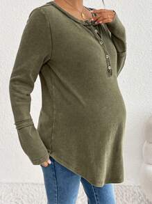 SHEIN Maternity Solid Color Round Neck Long Sleeve Button Half Placket Casual T-Shirt For Autumn