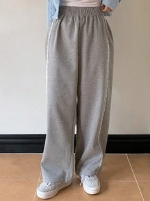 DAZY 女式松紧腰撞色蕾丝宽松长款运动裤，适合所有季节的休闲精致蕾丝女式运动裤秋季女式慢跑裤 - 灰色 - 查看 4