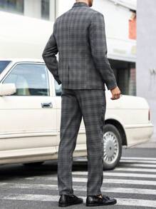 Manfinity Bizformal Men's Simple Front Button Long Sleeve Straight Collar Plaid Casual Suit Set - Grey - View 2