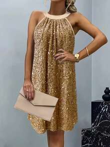 女士优雅浪漫派对金色亮片吊带无袖连衣裙