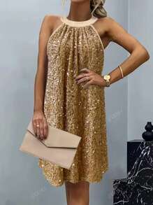 Women's Elegant Romantic Party Gold Sequin Halter Sleeveless Dress