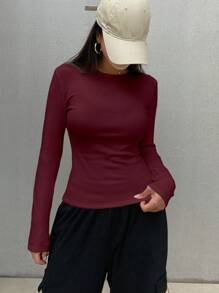 DAZY Damska koszulka z okrągłym dekoltem i długim rękawem w jednolitym kolorze w kolorze czerwonym, minimalistyczna moda, codzienny krój