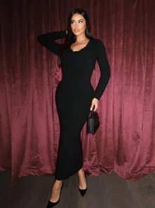 Zolique 女士纯色简约镂空长袖毛衣裙，休闲日常穿着