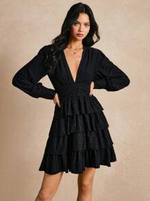 Poéselle Vestido negro, vestido de pastel, mangas abultadas, vestido de manga larga, ropa de primavera y verano, Día de San Valentín, vestido casual de estilo pastel con mangas de farol y cuello en V para mujer, moda minimalista, adecuado para uso diario, salir a la calle, vacaciones y otras ocasiones