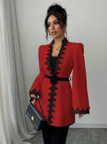 Elenzga Women Regular Fit Jacket With Contrast Color Paneled Floral Lace Waist Detail - Red - View 7
