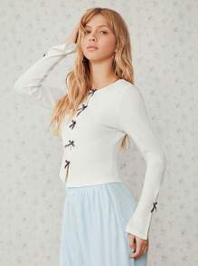 SHEIN EZwear 純色蝴蝶結對稱長袖針織上衣 - 白色 - 查看 5