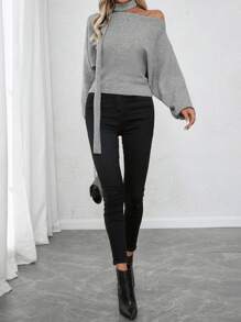 SHEIN Clasi Women's Casual Asymmetric Collar Batwing Sleeve Solid Sweater, Autumn/Winter Knit Pullover Fall - Grey - View 3