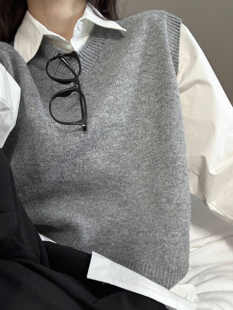 Dazy Star Jersey sin mangas de mujer con cuello en V de color liso, para primavera y otoño