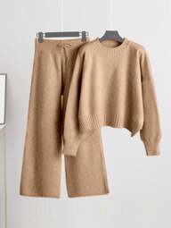 Women's Solid Color Round Neck Drop Shoulder Long Sleeve Sweater And Wide Leg Knit Pants Casual 2 Pieces Set, Autumn/Winter