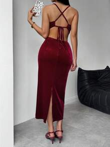 Chiquease Wine-Red Velvet Cowl Neck Spaghetti Strap Open Back Tie-Up Crop Waist Elegant Bodycon Dress For Women Velvet Dress - Burgundy - View 2