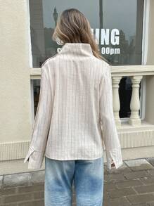 SHEIN Essnce 长袖衬衫女长袖衬衫高领上衣亚麻纽扣衬衫女长袖衬衫女女士秋季条纹长袖纽扣宽松休闲衬衫 - 白色 - 查看 3