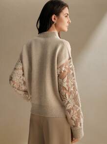 Anewsta Women's Sheer Floral Print Mesh Long Sleeve Loose Knit Sweater For Autumn And Winter Knit Pullover Fall - Camel - View 2