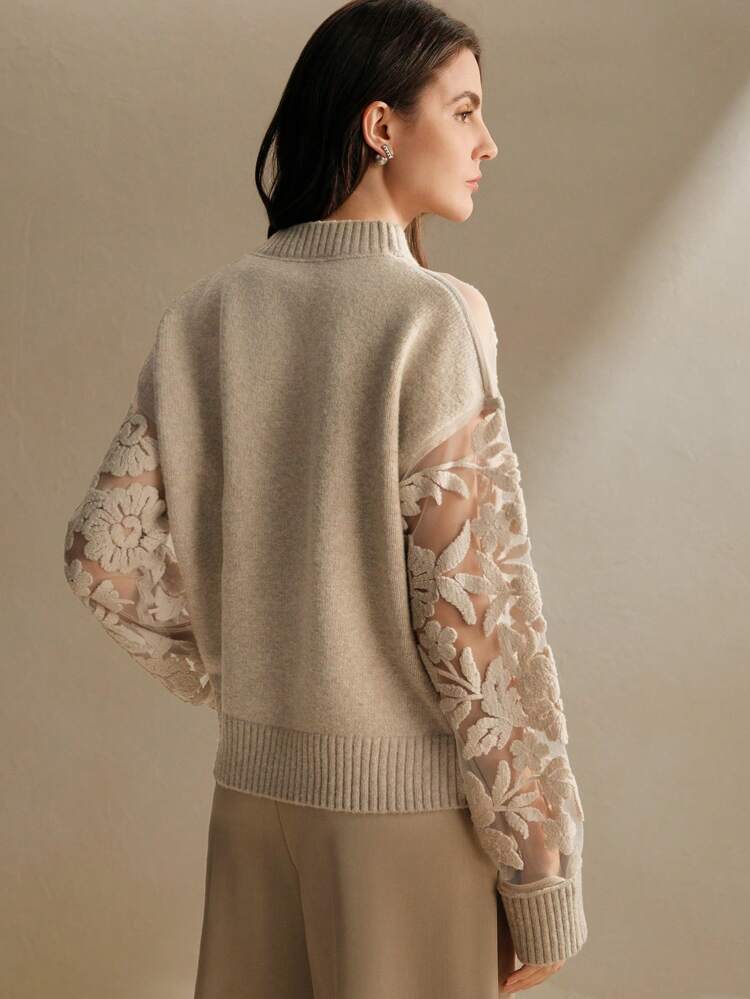 Women's Sheer Floral Print Mesh Long Sleeve Loose Knit Sweater For Autumn And Winter Knit Pullover Fall