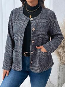 Plus Size Women's Casual Pearl Button Real Pockets Houndstooth Fall Cloth For Women - Multicolor - View 4