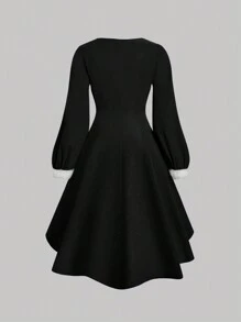 Flirla Große Größen Damen Weihnachts Farbblock flauschiges Patchwork Kleid, Winteroutfit