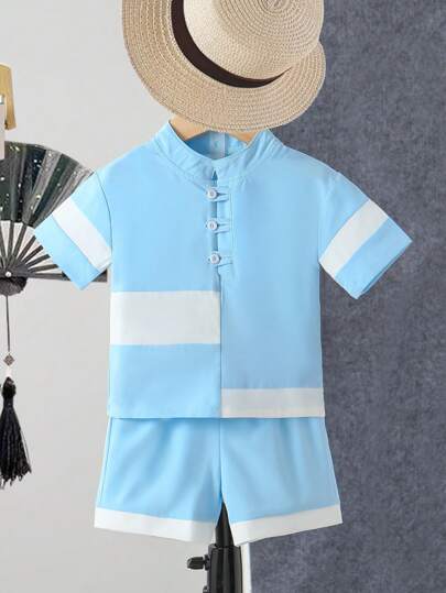 SHEIN 1 Set Baby Boy Basic Light Blue Short Sleeve Shirt With Button Placket And Blue Shorts